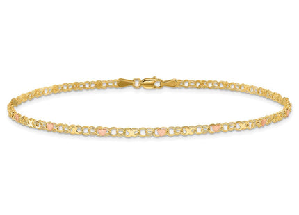14k Polished and Satin Rose-plated X-and-Heart Anklet (Style ANK69-10)