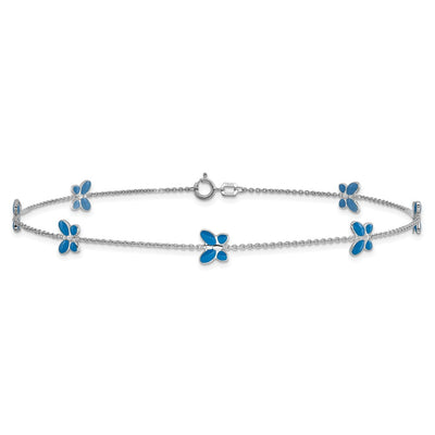 14K White Gold Blue Enameled Butterflies 7-Station Anklet