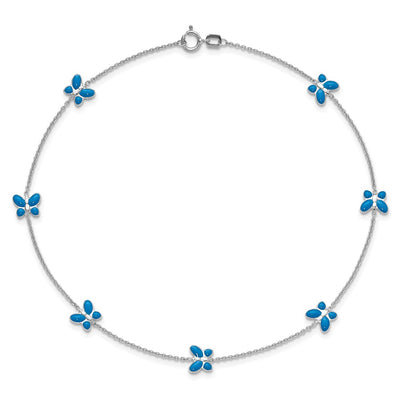 14K White Gold Blue Enameled Butterflies 7-Station Anklet