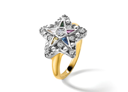 IBGoodman 14k Two-tone Women's Polished and Beaded with Multi-color CZ and Diamond Eastern Star Masonic Ring