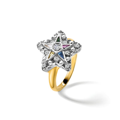 IBGoodman 14K Two-tone Women's Polished and Beaded with Multi-color CZ and Diamond Eastern Star Masonic Ring