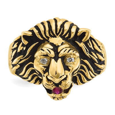 14K IBGoodman Men's 1/20 carat Diamond and Ruby Antiqued Lion Complete Ring
