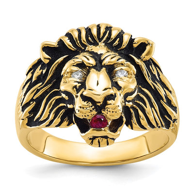 14K IBGoodman Men's 1/20 carat Diamond and Ruby Antiqued Lion Complete Ring