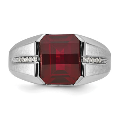 14K White Gold IBGoodman Men's Created Garnet and 1/10 carat Diamond Complete Ring