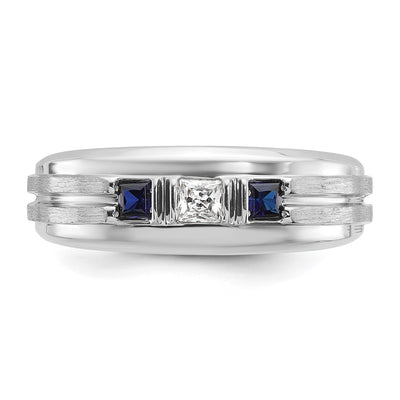 IBGoodman 14K White Gold Men's Polished Satin and Grooved Square 1/6 Carat AA Quality Diamond and Lab Created Sapphire 3-Stone Ring