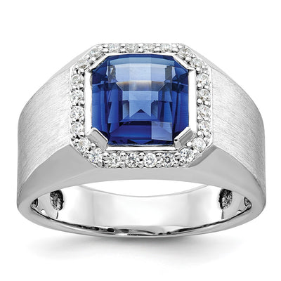 14K White Gold IBGoodman Men's Created Sapphire and 1/3 carat Diamond Complete Ring