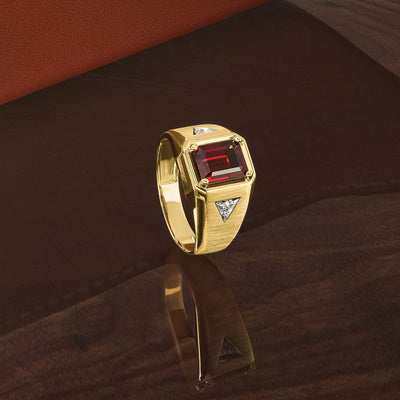 14K IBGoodman Men's Polished and Satin Garnet and 1/15 carat Diamond Complete Ring