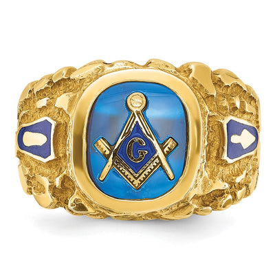 IBGoodman 14K Men's Polished and Nugget Textured with Blue Enamel and Lab Created Sapphire Blue Lodge Master Masonic Ring