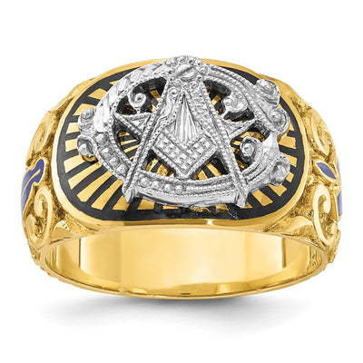 IBGoodman 14K Two-tone Men's Polished and Textured with Multi-color Enamel Blue Lodge Master Masonic Ring
