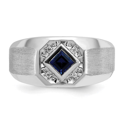 14K White Gold IBGoodman Men's Created Sapphire and 1/20 carat Diamond Satin Complete Ring