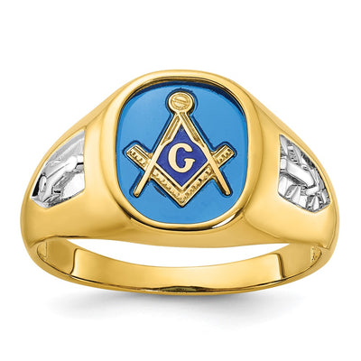 IBGoodman 14K with White Rhodium Men's Polished and Textured with Lab Created Sapphire Blue Lodge Master Masonic Ring