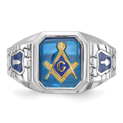 IBGoodman 14K White Gold Men's Polished and Textured with Blue Enamel and Lab Created Sapphire Blue Lodge Master Masonic Ring