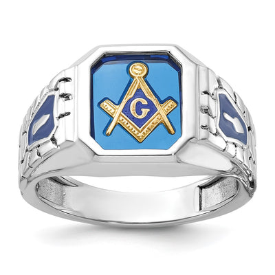 IBGoodman 14K White Gold Men's Polished and Textured with Blue Enamel and Lab Created Sapphire Blue Lodge Master Masonic Ring