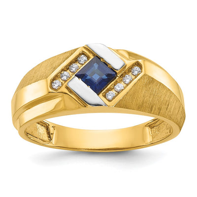 14K IBGoodman Men's Created Sapphire and 1/15 carat Diamond Satin Complete Ring