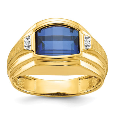 14K IBGoodman Men's Polished and Satin Created Sapphire and Diamond Complete Ring