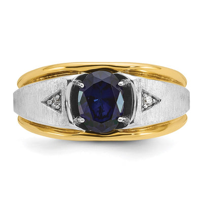 IBGoodman 14K Two-tone Men's Polished Satin and Grooved Lab Created Sapphire and AA Quality Diamond Ring