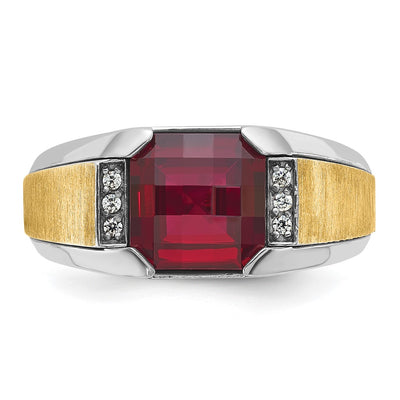 IBGoodman 14K Two-tone Men's Polished and Satin Lab Created Garnet and AA Quality Diamond Ring