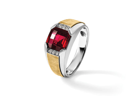 IBGoodman 14k Two-tone Men's Polished and Satin Lab Created Garnet and AA Quality Diamond Ring