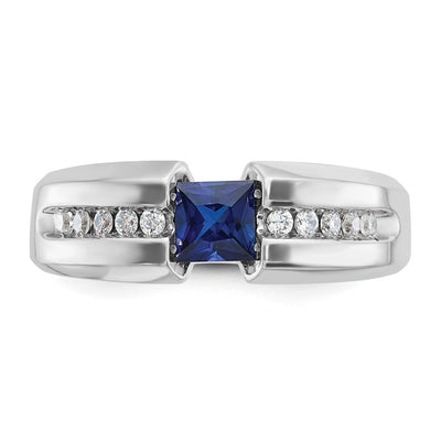 IBGoodman 14K White Gold Men's Polished Lab Created Sapphire and 1/5 Carat AA Quality Diamond Ring
