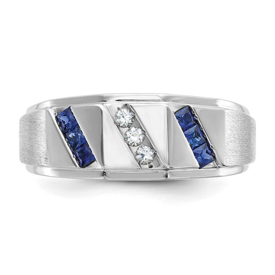 14K White Gold IBGoodman Men's Satin Lab Created Sapphire and 1/10 carat Diamond Complete Ring
