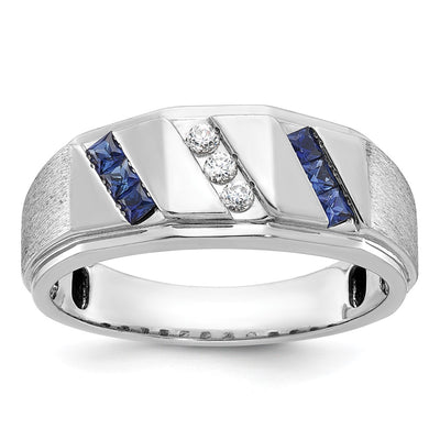 14K White Gold IBGoodman Men's Satin Lab Created Sapphire and 1/10 carat Diamond Complete Ring