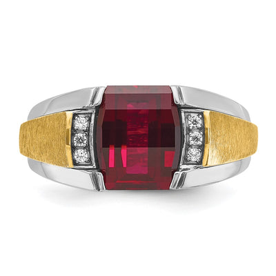 14K Two-tone IBGoodman Men's Satin Created Ruby and 1/20 carat Diamond Complete Ring