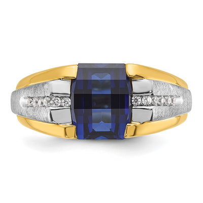 14K Two-tone IBGoodman Men's Created Sapphire and 1/8 carat Diamond Complete Ring