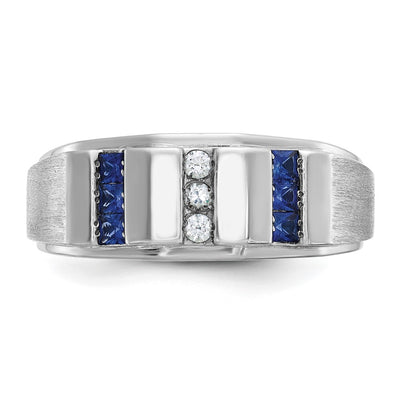 IBGoodman 14K White Gold Men's Polished and Satin 3-Row Lab Created Sapphire and 1/10 Carat AA Quality Diamond Ring