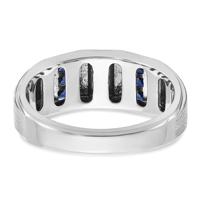 IBGoodman 14K White Gold Men's Polished and Satin 3-Row Lab Created Sapphire and 1/10 Carat AA Quality Diamond Ring