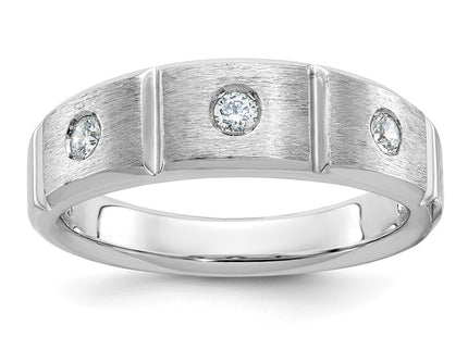 IBGoodman 14K White Gold Men's Polished Satin and Grooved 3-Stone 1/5 Carat AA Quality Diamond Ring