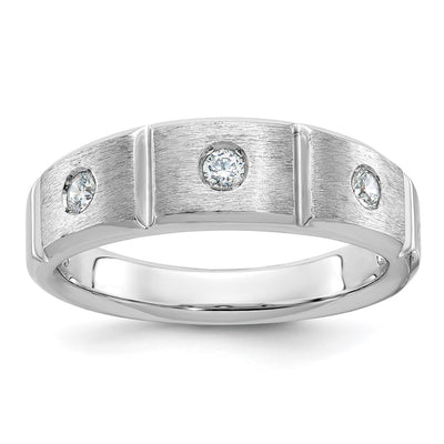 IBGoodman 14K White Gold Men's Polished Satin and Grooved 3-Stone 1/5 Carat AA Quality Diamond Ring