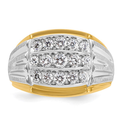 IBGoodman 14K Two-tone Men's Polished Satin and Grooved 3-Row 1 Carat AA Quality Diamond Ring