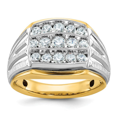 IBGoodman 14K Two-tone Men's Polished Satin and Grooved 3-Row 1 Carat AA Quality Diamond Ring