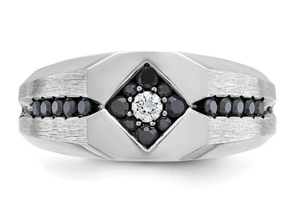 IBGoodman 14k White Gold with Black Rhodium Men's Polished Satin and Grooved 1/2 Carat AA Quality Black and White Diamond Ring (Style B59112-4WAA)