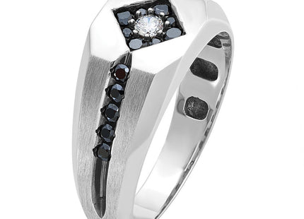 IBGoodman 14k White Gold with Black Rhodium Men's Polished Satin and Grooved 1/2 Carat AA Quality Black and White Diamond Ring (Style B59112-4WAA)