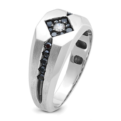 IBGoodman 14K White Gold with Black Rhodium Men's Polished Satin and Grooved 1/2 Carat AA Quality Black and White Diamond Ring