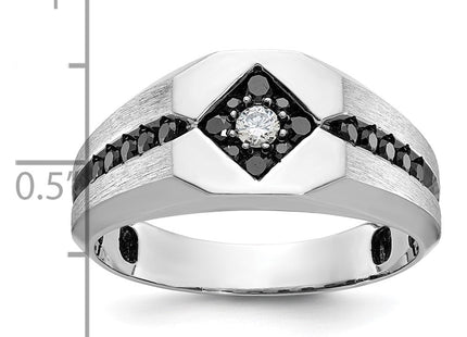 IBGoodman 14k White Gold with Black Rhodium Men's Polished Satin and Grooved 1/2 Carat AA Quality Black and White Diamond Ring (Style B59112-4WAA)