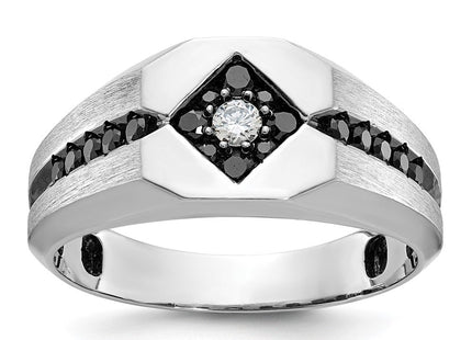 IBGoodman 14k White Gold with Black Rhodium Men's Polished Satin and Grooved 1/2 Carat AA Quality Black and White Diamond Ring (Style B59112-4WAA)