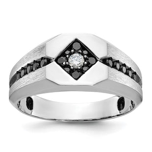 IBGoodman 14k White Gold with Black Rhodium Men's Polished Satin and Grooved 1/2 Carat AA Quality Black and White Diamond Ring (Style B59112-4WAA)