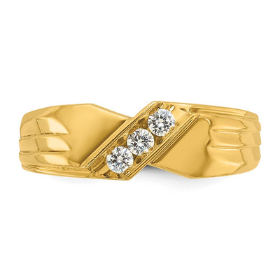 IBGoodman 14K Men's Polished and Grooved 3-Stone 1/5 Carat AA Quality Diamond Ring