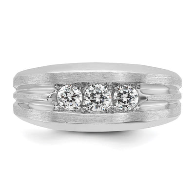 IBGoodman 14K White Gold Men's Polished Satin and Grooved 3-Stone 1/2 Carat AA Quality Diamond Ring
