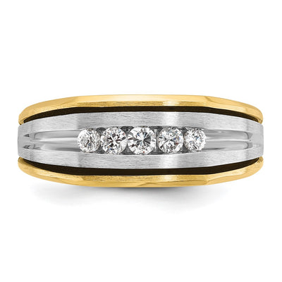 IBGoodman 14K Two-tone with Black Rhodium Men's Polished Satin and Grooved 5-Stone 1/4 Carat AA Quality Diamond Ring