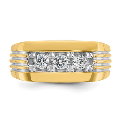 IBGoodman 14K with White Rhodium Men's Polished and Grooved 3-Stone 1/2 Carat AA Quality Diamond Ring