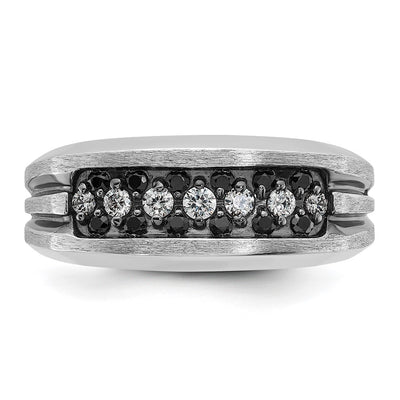 IBGoodman 14K White Gold with Black Rhodium Men's Polished Satin and Grooved 1/2 Carat AA Quality Black and White Diamond Ring