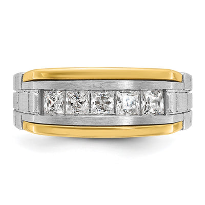 IBGoodman 14K Two-tone Men's Polished Satin and Grooved 5-Stone 1 Carat Square AA Quality Diamond Ring