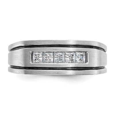 IBGoodman 14K White Gold with Black Rhodium Men's Polished Satin and Grooved Square 5-Stone 1/2 Carat AA Quality Diamond Ring