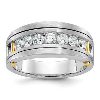 IBGoodman 14K Two-tone Men's Polished Satin and Grooved 7-Stone 1 Carat AA Quality Diamond Ring
