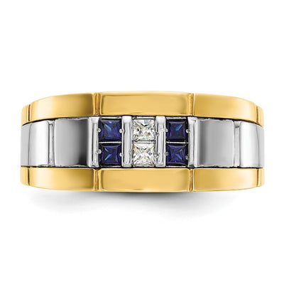 IBGoodman 14K Two-tone Men's Polished and Grooved Lab Created Sapphire and 1/10 Carat AA Quality Diamond Ring