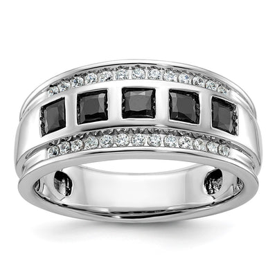 IBGoodman 14K White Gold Men's Polished and Grooved Square Black and White 1 1/5 Carat AA Quality Diamond 5-Stone Ring