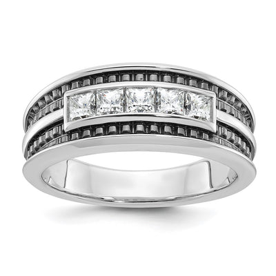 IBGoodman 14K White Gold with Black Rhodium Men's Polished and Textured Square 5-Stone 3/4 Carat AA Quality Diamond Ring